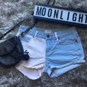 Pink and Blue Denim Color Block Shorts